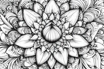 A black-and-white lotus mandala illustration, with intricate patterns radiating from the center, each petal containing detailed geometric designs, symbolizing balance and harmony