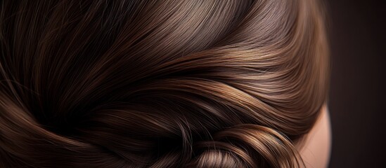 Fototapeta premium Close-up of shiny, brown hair with subtle highlights, styled in a loose updo, against a dark background.