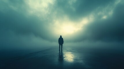 A man is walking alone in a foggy, misty landscape