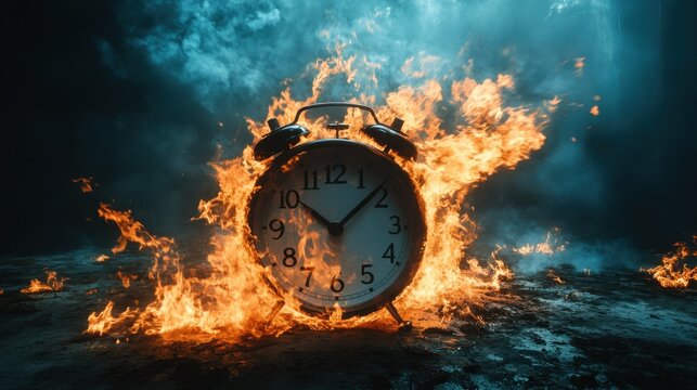 A burning alarm clock with flames erupting, capturing the urgency of a countdown and time running out in dramatic fashion