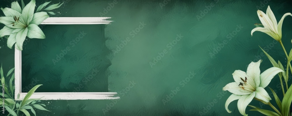 Poster a white frame with a floral border is centered against a dark green background, with two white lilie