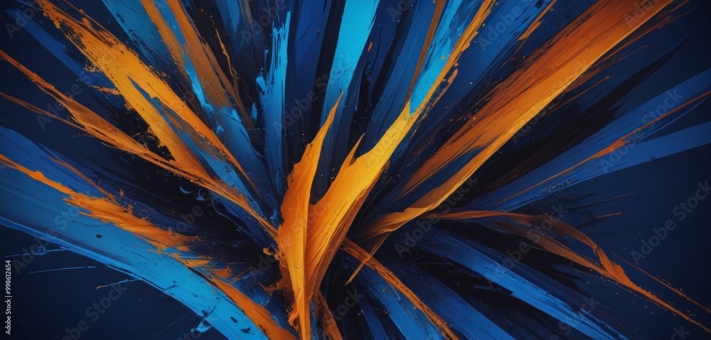 Poster a striking abstract composition of intersecting lines and splashes of color, predominantly blue and orange, against a dark blue background