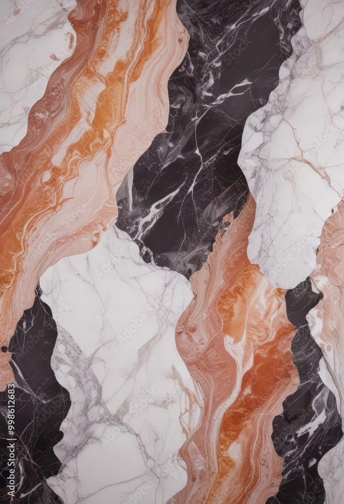 Fototapete a close-up view marble surface with a striking abstract pattern of overlapping and swirling lines in various shades of white, black, and orange