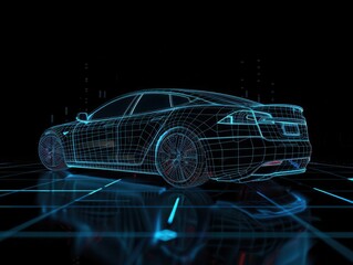 Naklejka premium electric vehicle wireframe sleek black car with holographic blue grid overlay futuristic design hightech aesthetic dark background with glowing elements