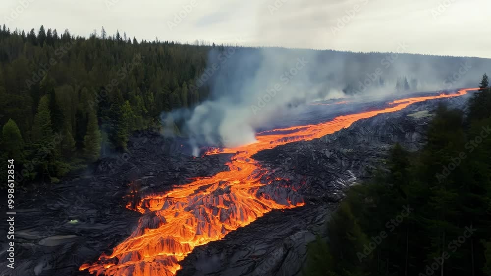Poster river of lava is flowing from a volcano eruption near a forest, creating a dramatic contrast between