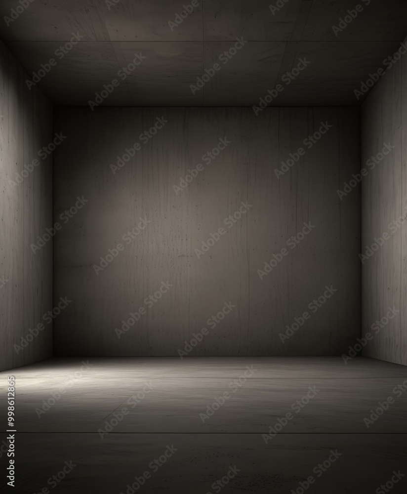Poster a dimly lit, empty room with a concrete floor and walls, creating a sense of solitude and tranquilit