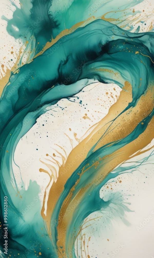 Fototapete an abstract painting featuring a swirling pattern of turquoise and gold colors, with splashes of whi