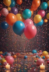 A vibrant display of multicolored balloons, confetti, and candles creates a festive atmosphere
