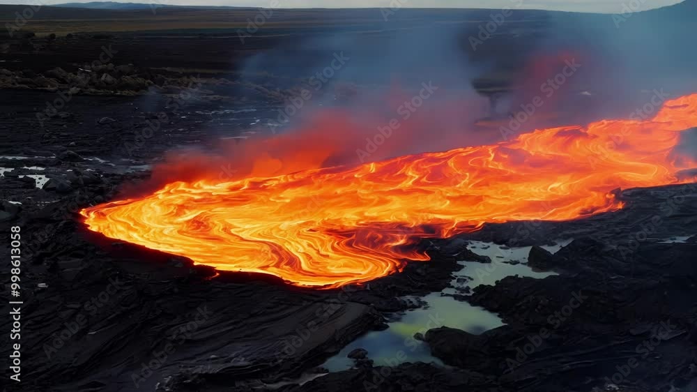 Poster river of lava flowing from an erupting volcano, creating a scene of both beauty and destruction. the