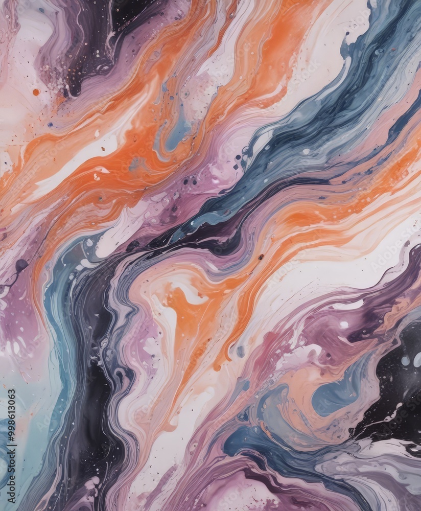 Poster an abstract painting featuring a swirling pattern of colors, predominantly in shades of orange, blue