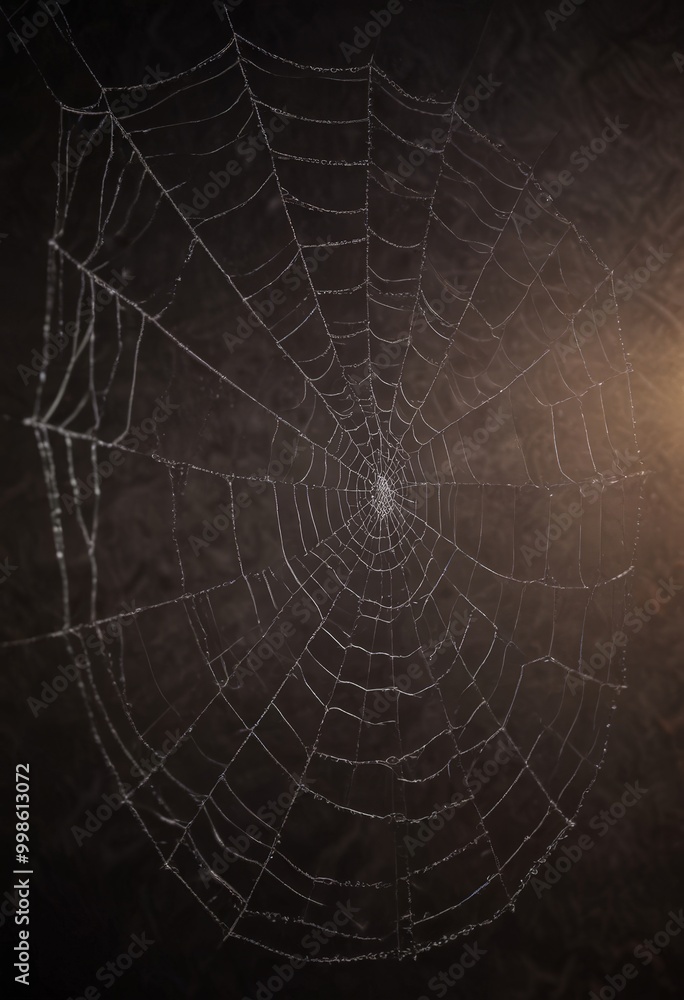 Poster A close-up view spider web, with dew drops clinging to the intricate web structure, set against a dark background