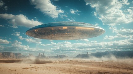 Obraz premium A large silver UFO is flying through the sky above a desert