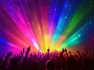 electrifying concert crowd silhouette against dazzling light show rainbow spectrum of colors illuminating ecstatic fans palpable energy and movement