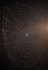 A close-up view spider web, with dew drops clinging to the intricate web structure, set against a dark background