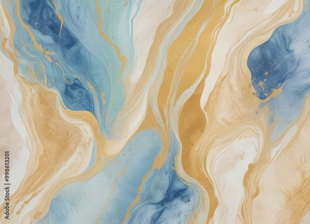 Poster a striking abstract pattern with swirling lines and splashes of blue, gold, and white, creating a dynamic and visually captivating composition