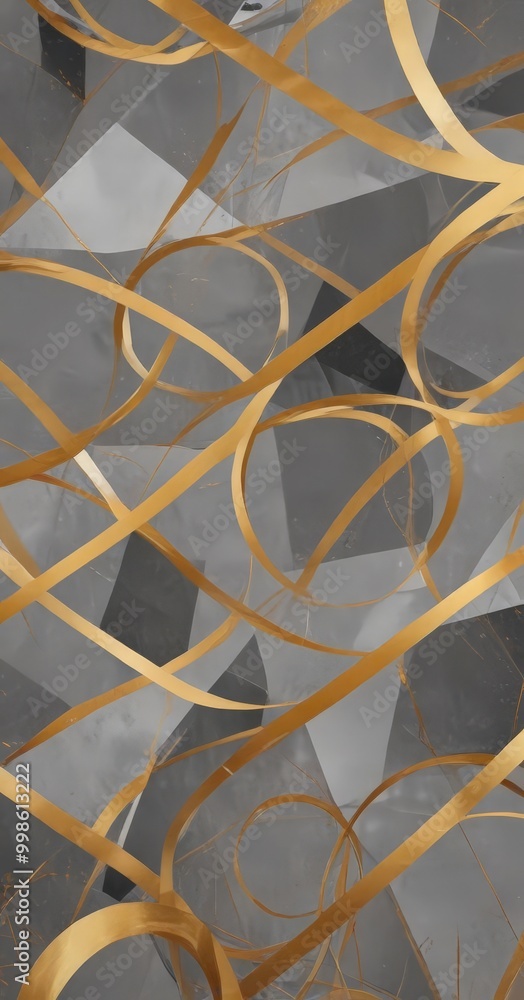 Leinwandbilder a complex abstract pattern composed of intersecting lines and curves in shades of gray and gold, creating a visually striking and dynamic composition
