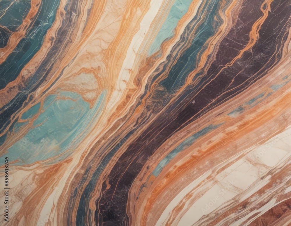 Aufkleber a close-up view marble surface with a striking pattern of swirling lines and colors, including shades of blue, orange, and brown