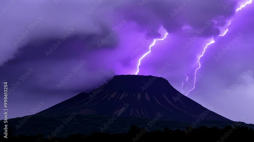 Poster Lightning is striking the top of a volcano erupting at night, with purple clouds in the sky. The image evokes the power of nature