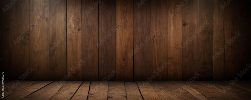 Poster a dark wooden wall with vertical planks, creating a rustic and textured background