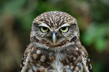 Burrowing owl staring intensely with bright yellow eyes and a serious expression