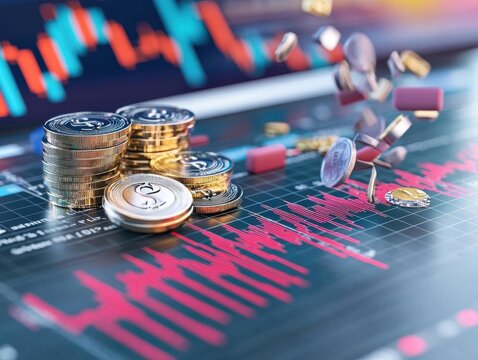 Financial collapse depicted with falling charts and bailout funds being distributed, 3D illustration