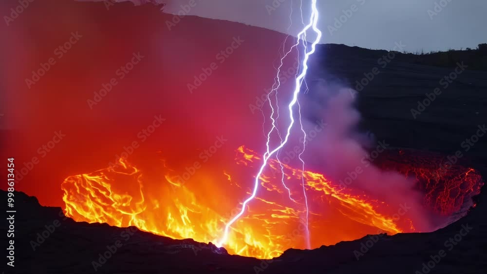 Poster Fiery lava flows from erupting volcano at twilight, painting dramatic scene with red and orange colors. Ash clouds swirl, showcasing nature's power