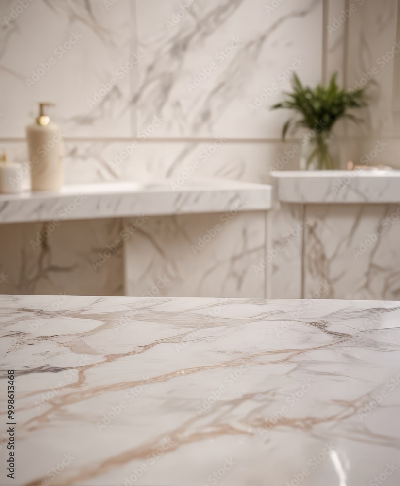 Poster a marble countertop with a vase of greenery in the background, set against a marble wall with a soap