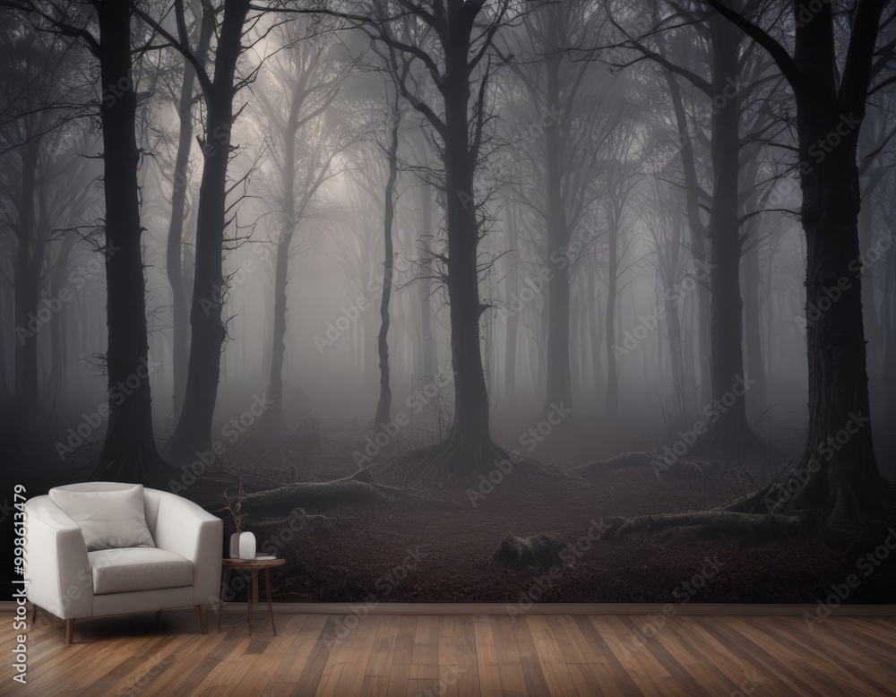 Poster a serene indoor scene with a white armchair, a small side table, and a large mural depicting a dense