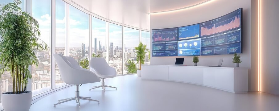 Financial crisis room with screens showing recession data and bailout strategies, 3D illustration