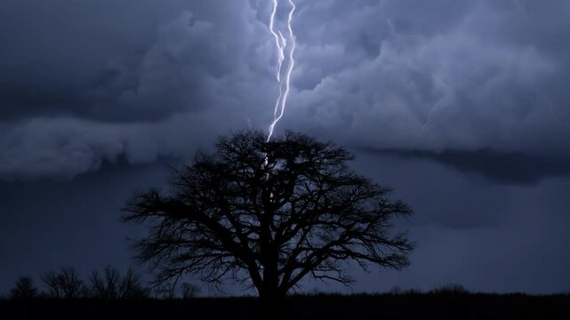 Striking lightning bolt illuminates a silhouetted tree in a stormy night sky, showcasing nature's power and beauty