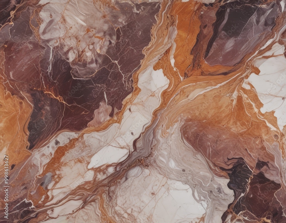 Poster a close-up view marble surface with a swirling pattern of brown, white, and orange hues, creating a sense of movement and depth