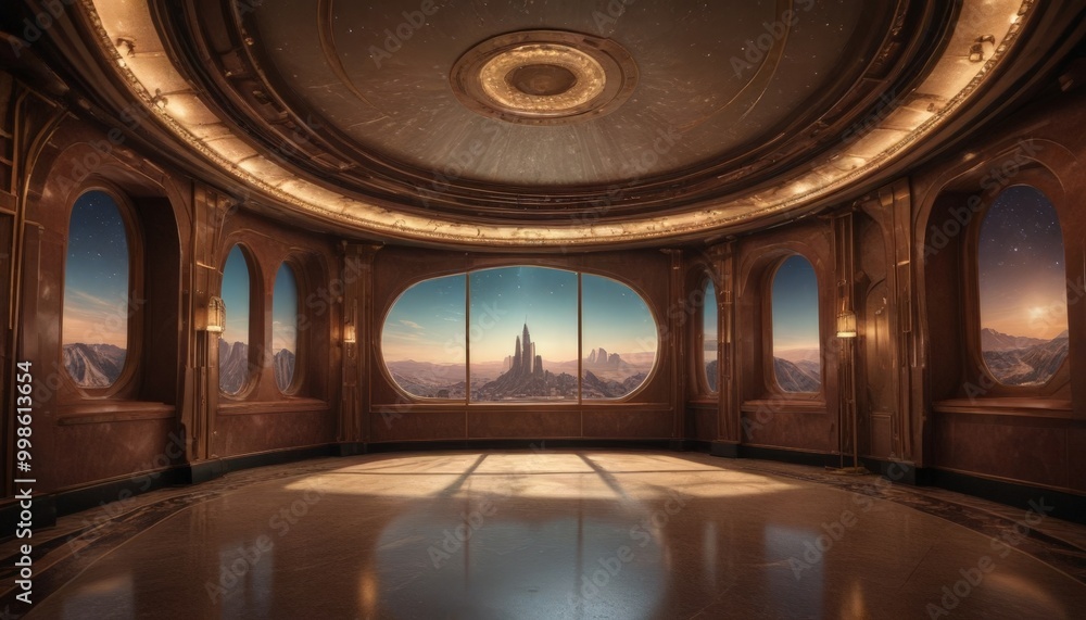 Aufkleber a grand, circular room with a high, domed ceiling and a large circular window offering a panoramic v