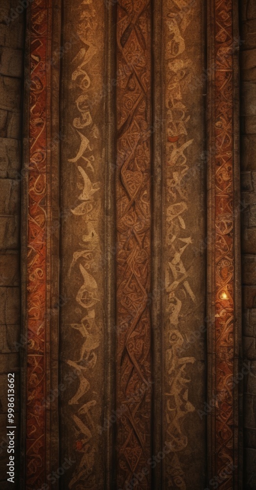Aufkleber a close-up view stone wall with intricate carvings and patterns, including a series of vertical lines and a curved design