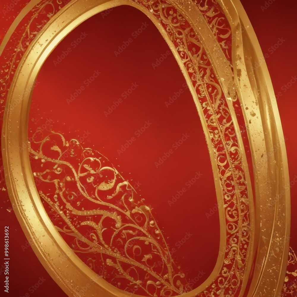 Poster a close-up view gold oval frame with intricate floral designs on a red background