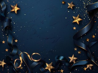 elegant arrangement of golden stars and ribbons on deep navy background luxurious christmas and new year composition with copy space festive and sophisticated holiday design