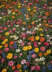 Fototapeta premium A vibrant field of flowers in various colors, including red, orange, yellow, white, and blue, with some purple and blue flowers interspersed