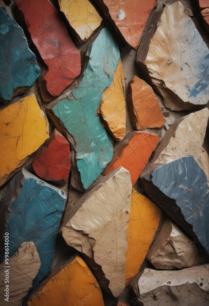 Poster a close-up view textured, multicolored stone wall, with a variety of colors and patterns