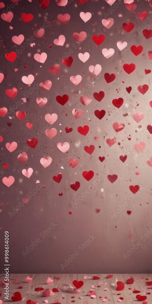 Aufkleber A gradient of pink and red hearts falling against a dark background, creating a romantic and festive atmosphere