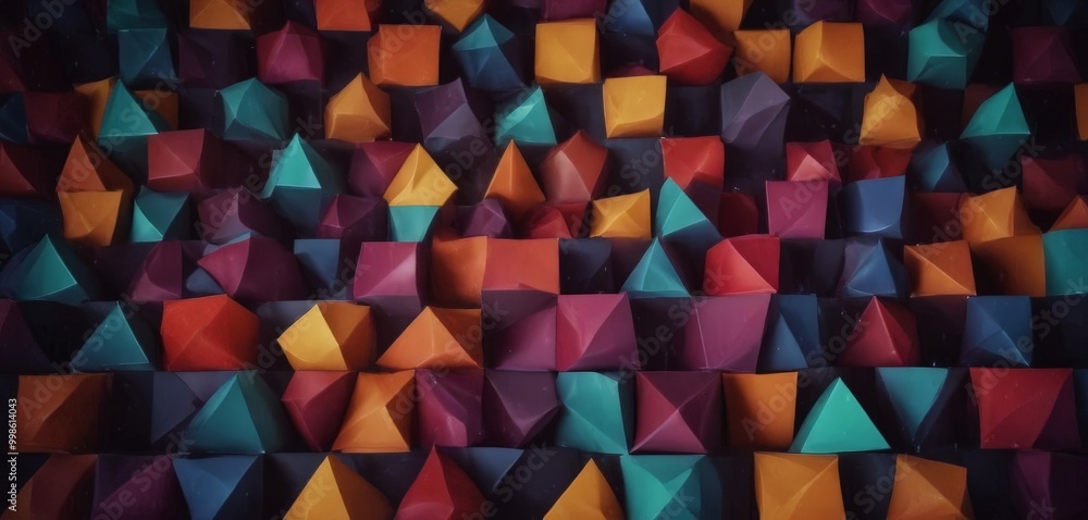 Aufkleber A vibrant array of multicolored paper cubes, varying in size and shape, creates a visually striking pattern against a dark background