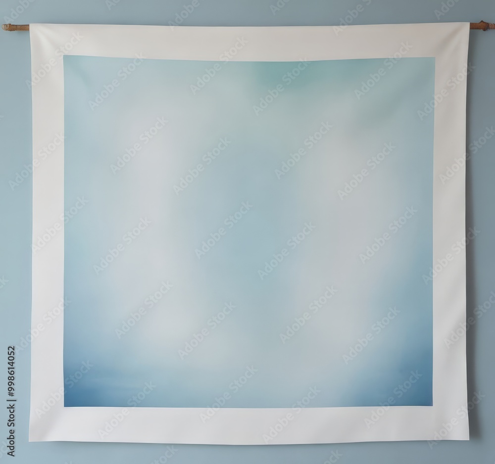 Poster a large square canvas with a white border hangs on a light blue wall, featuring a gradient of blue a