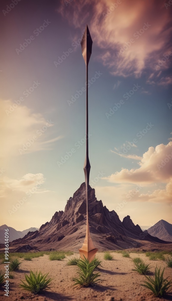 Poster a towering, angular sculpture resembling a spear stands in a desert landscape, with a mountain range
