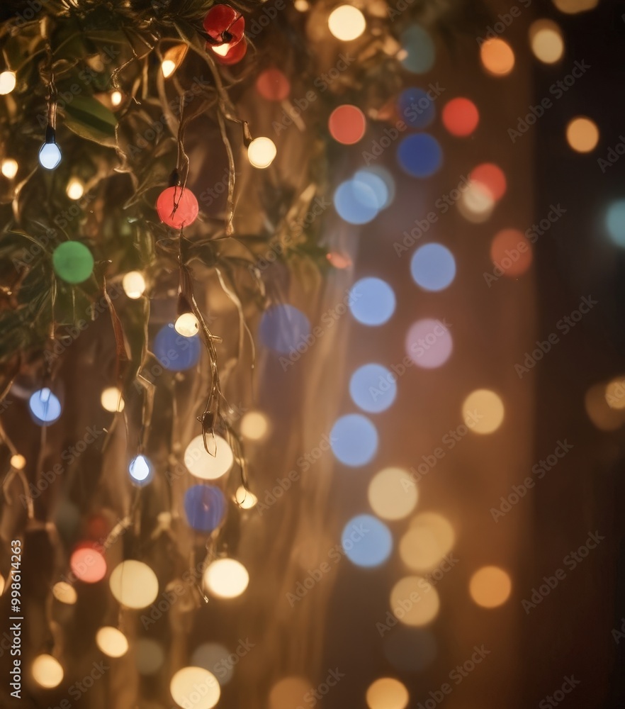 Leinwandbilder A close-up view Christmas tree adorned with colorful lights, with the lights appearing to be in motion, creating a dynamic and festive atmosphere