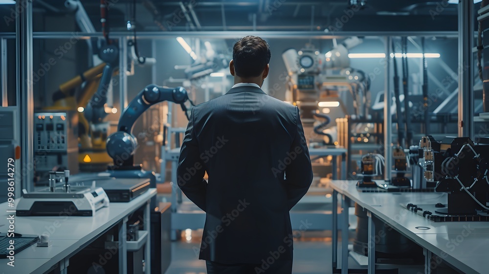Aufkleber businessman evaluating innovative and robotics technologies for investment in tech lab