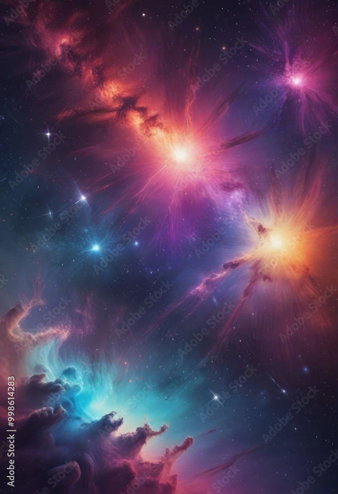 Poster a vibrant cosmic scene with swirling nebulae, stars, and a radiant sun, creating a visually striking