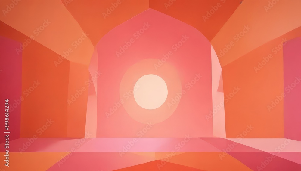 Fototapete a geometric interior space with a large circular opening in the center, surrounded by walls painted in a vibrant shade of orange The walls are arranged in a triangular