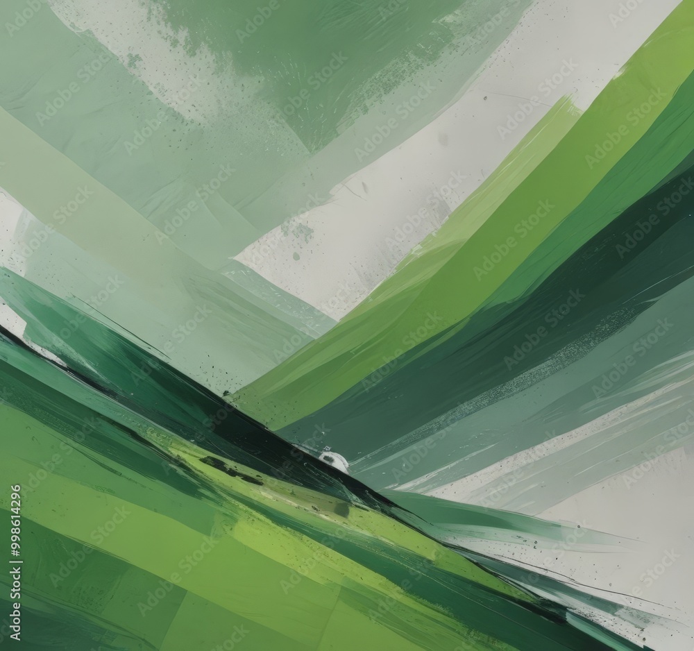 Poster Abstract landscape painting with green and white brushstrokes, creating a sense of movement and depth