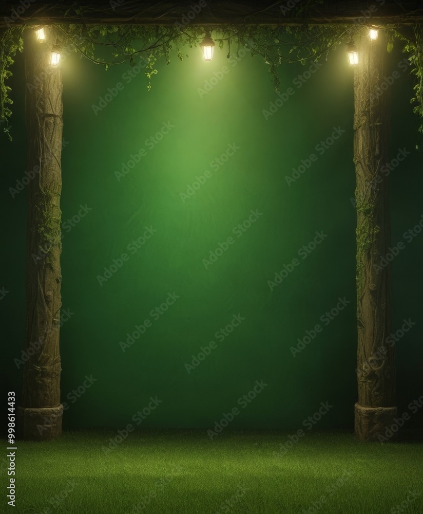 Poster A dark green background with a pair of stone columns on either side, each adorned with vines and leaves, and a row of hanging lights above