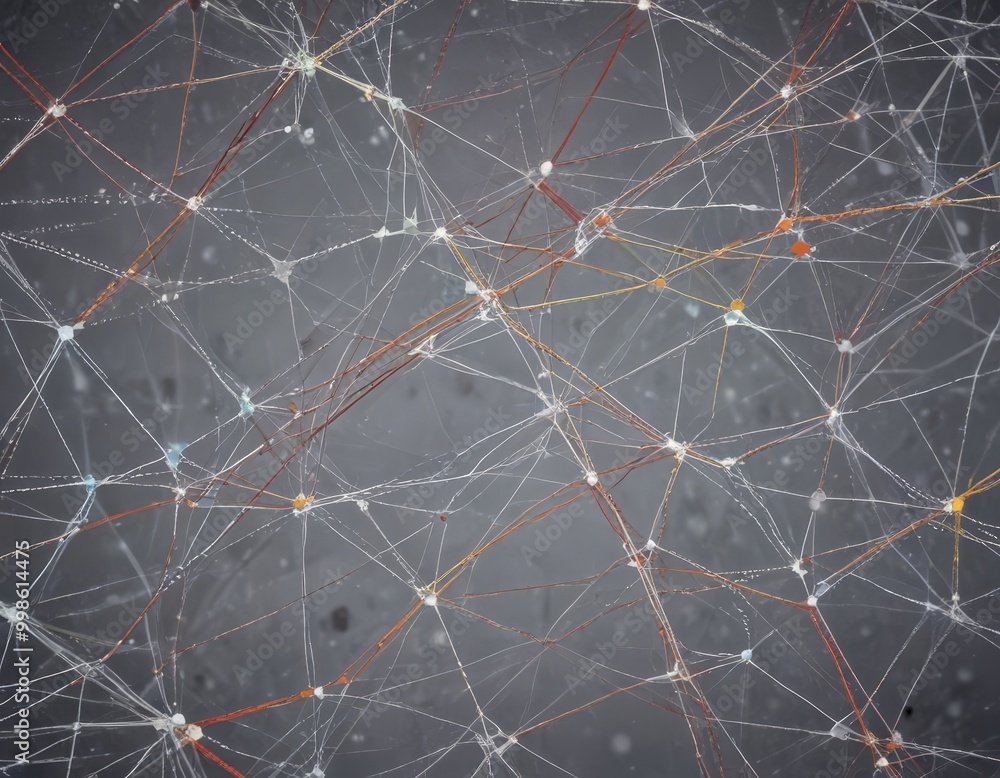 Poster a close-up view complex network of interconnected lines and dots, resembling a spider web or a web-like structure The lines and dots vary in color, with some appearing to