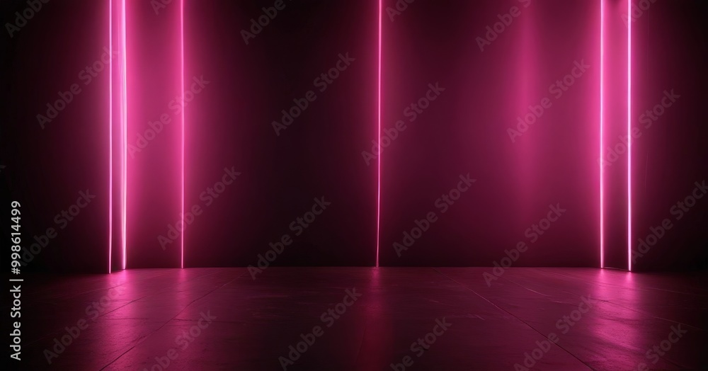 Aufkleber a dark room with a floor and a wall, illuminated by three vertical pink lights that are arranged in a staggered pattern