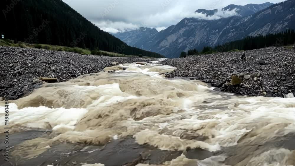 Poster Powerful river is overflowing with muddy water after heavy rainfall, creating a scene of natural disaster in a mountain valley